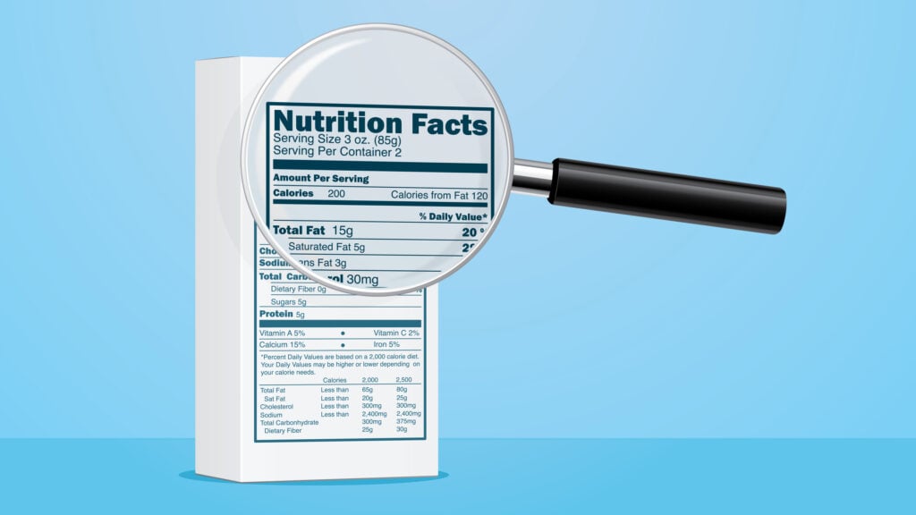 White product box with Nutrition facts label and magnifying lens on it.