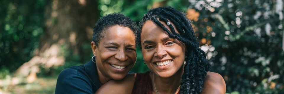African American lesbian couple in a park