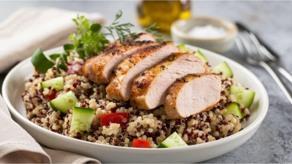 A delicious dish featuring grilled chicken slices atop a quinoa salad with fresh cucumbers and tomatoes, garnished with herbs.