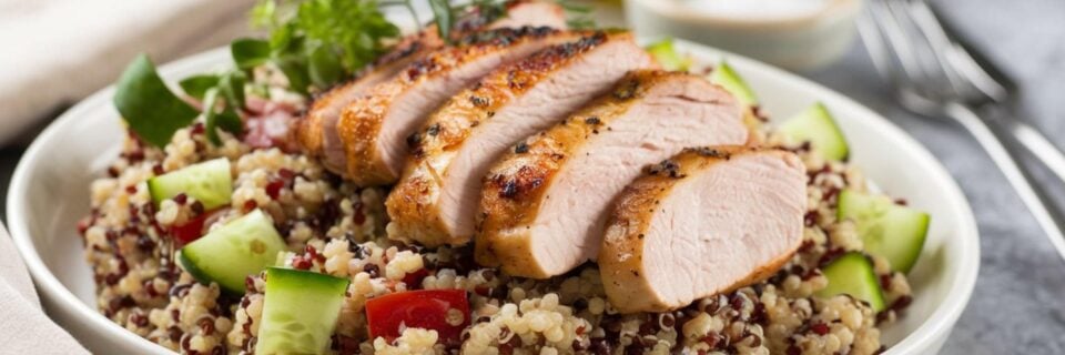A delicious dish featuring grilled chicken slices atop a quinoa salad with fresh cucumbers and tomatoes, garnished with herbs.