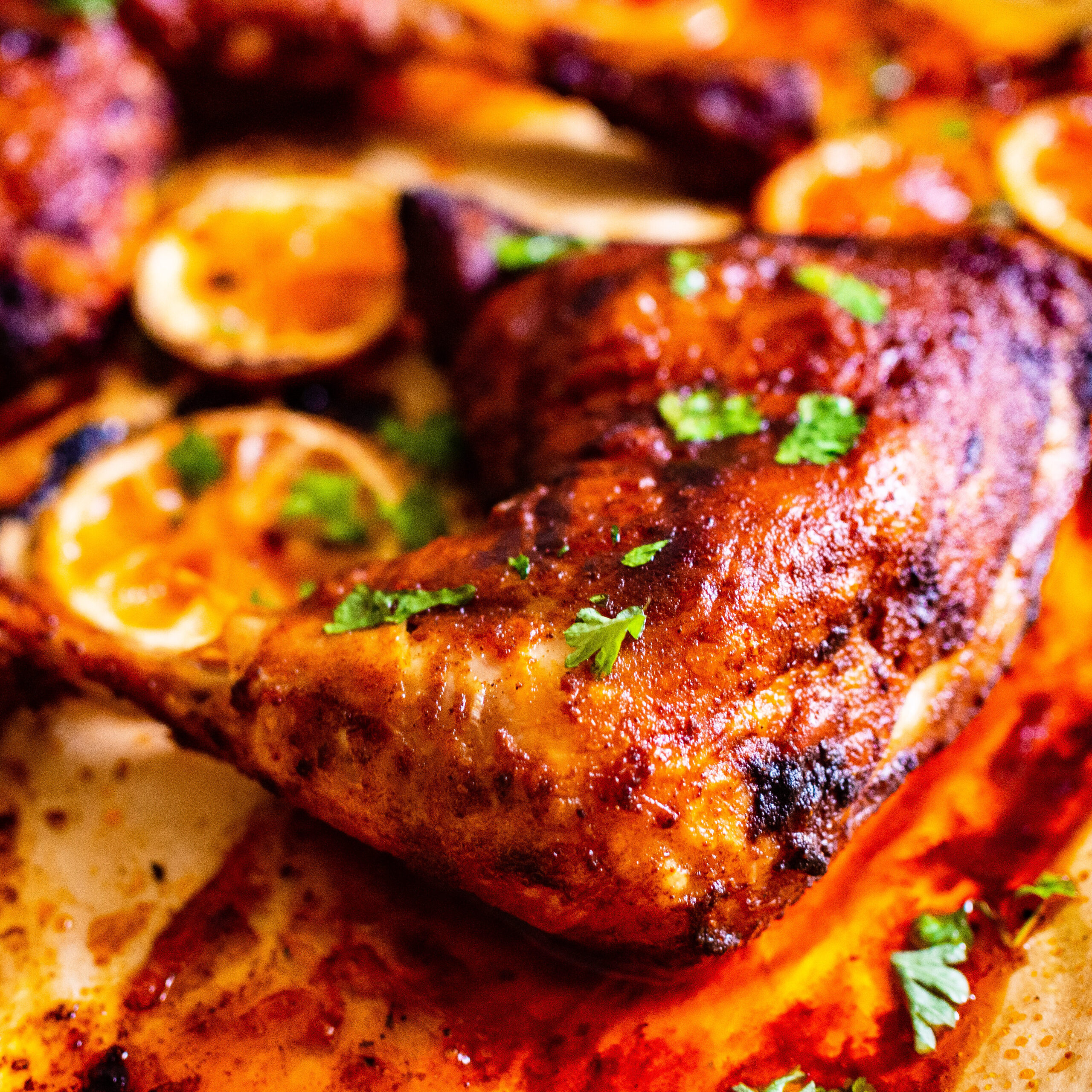 Grilled Chicken Thigh with Red Pepper Chimichurri