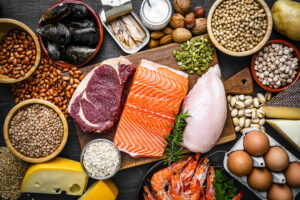 Overhead view of a large group of food with high content of healthy proteins.