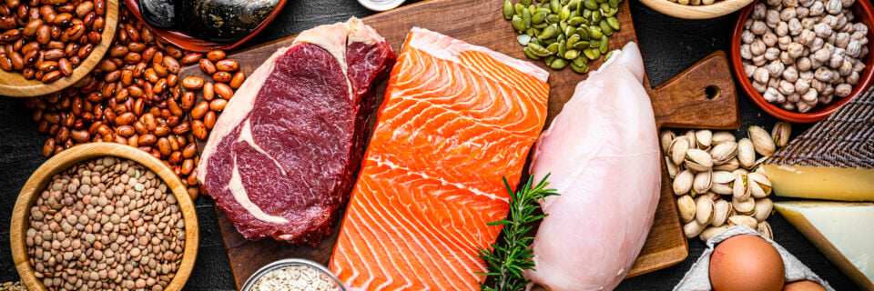 Overhead view of a large group of food with high content of healthy proteins.